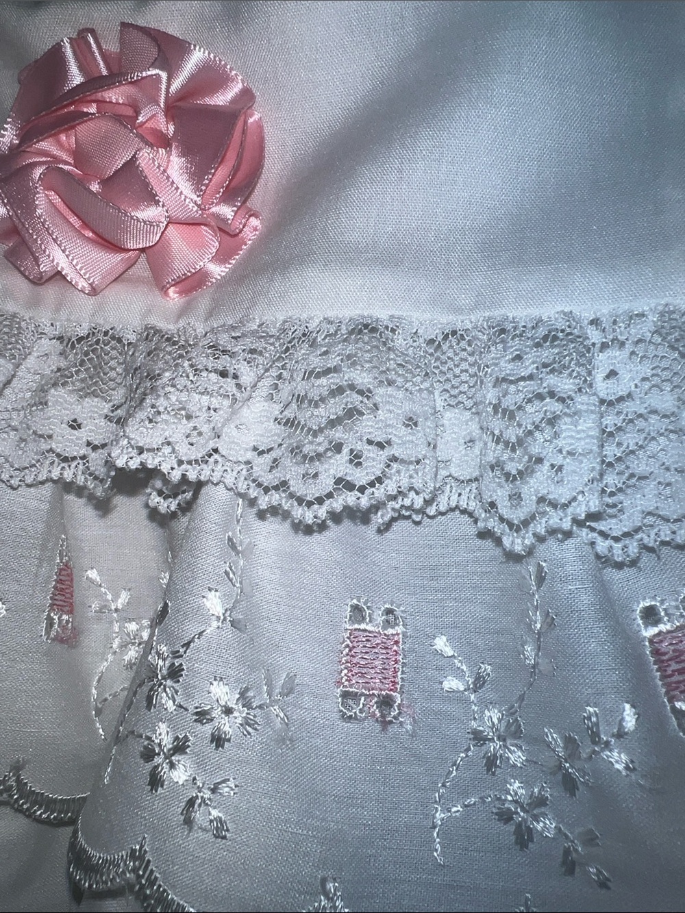 Vintage White Embroidered Tiered Baby Dress with Pink Rosette - Picture 6 of 6